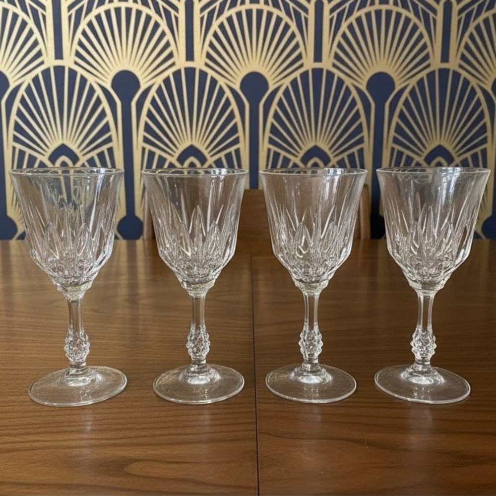 JMP Capri Lead Crystal Wine Glasses, Set of 4, Vintage Pressed Cut Water Goblets